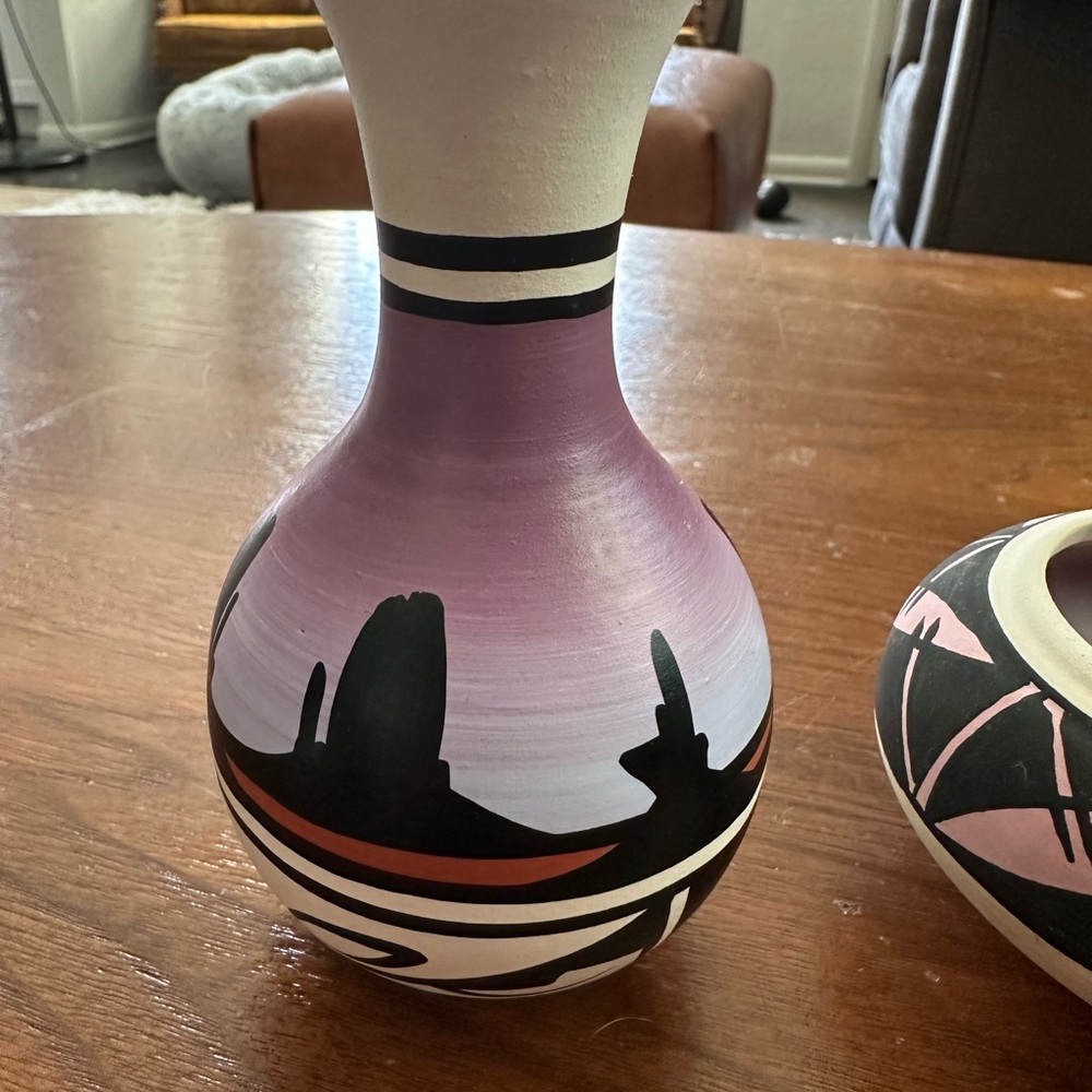 J. Sánchez Purple and Black Ceramic Vase and Candle